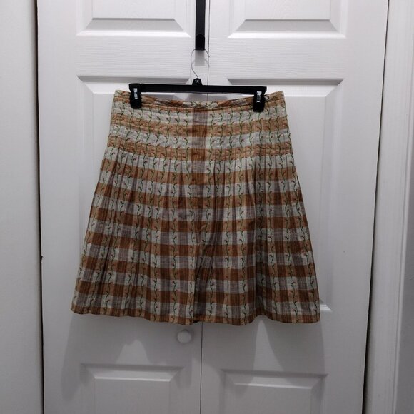 Free People Pleated Plaid Skirt Size 12 Floral Embroidered Cotton Boho Cottageco - Picture 4 of 10